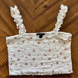Forever 21 Cream Floral Ruffle Strap Crop Top
